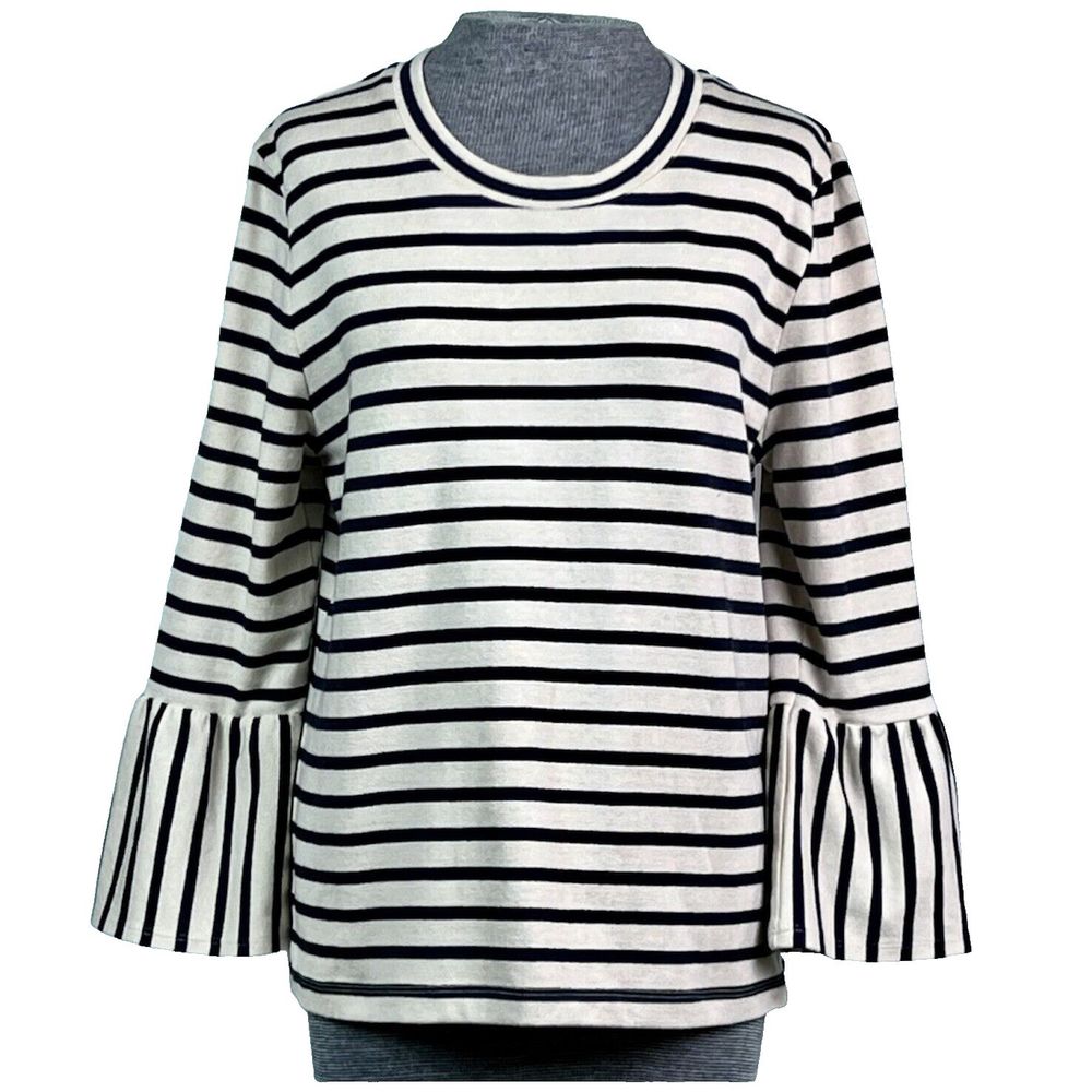 Sweater Top Pullover Pagoda/Bell Sleeves Navy on Creamy White "a loves a" Sz Lge